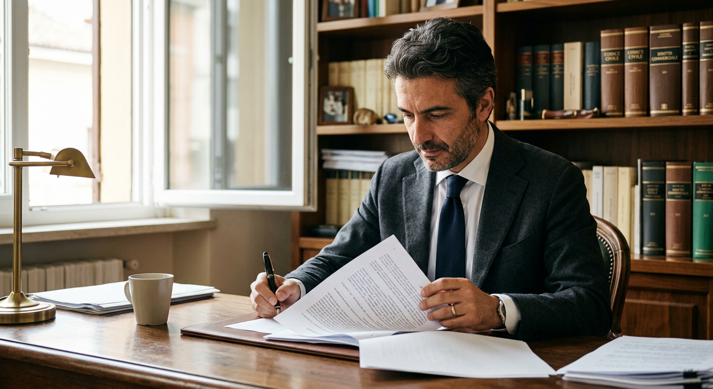 Avvocato che rilegge un contratto su carta alla scrivania del proprio studio